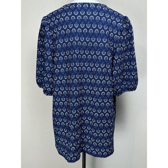 LOFT Blue Floral Puff Sleeve Tie Neck Top Women’s XL Relaxed Fit Stretch - Picture 4 of 10